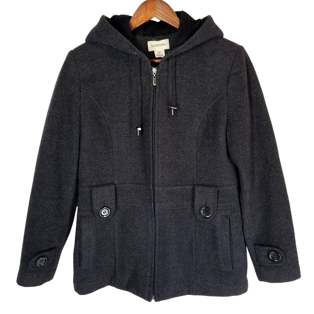 St Johns Bay Womens Charcoal Gray‎ Wool Blend Hooded Zip Front Jacket Small
